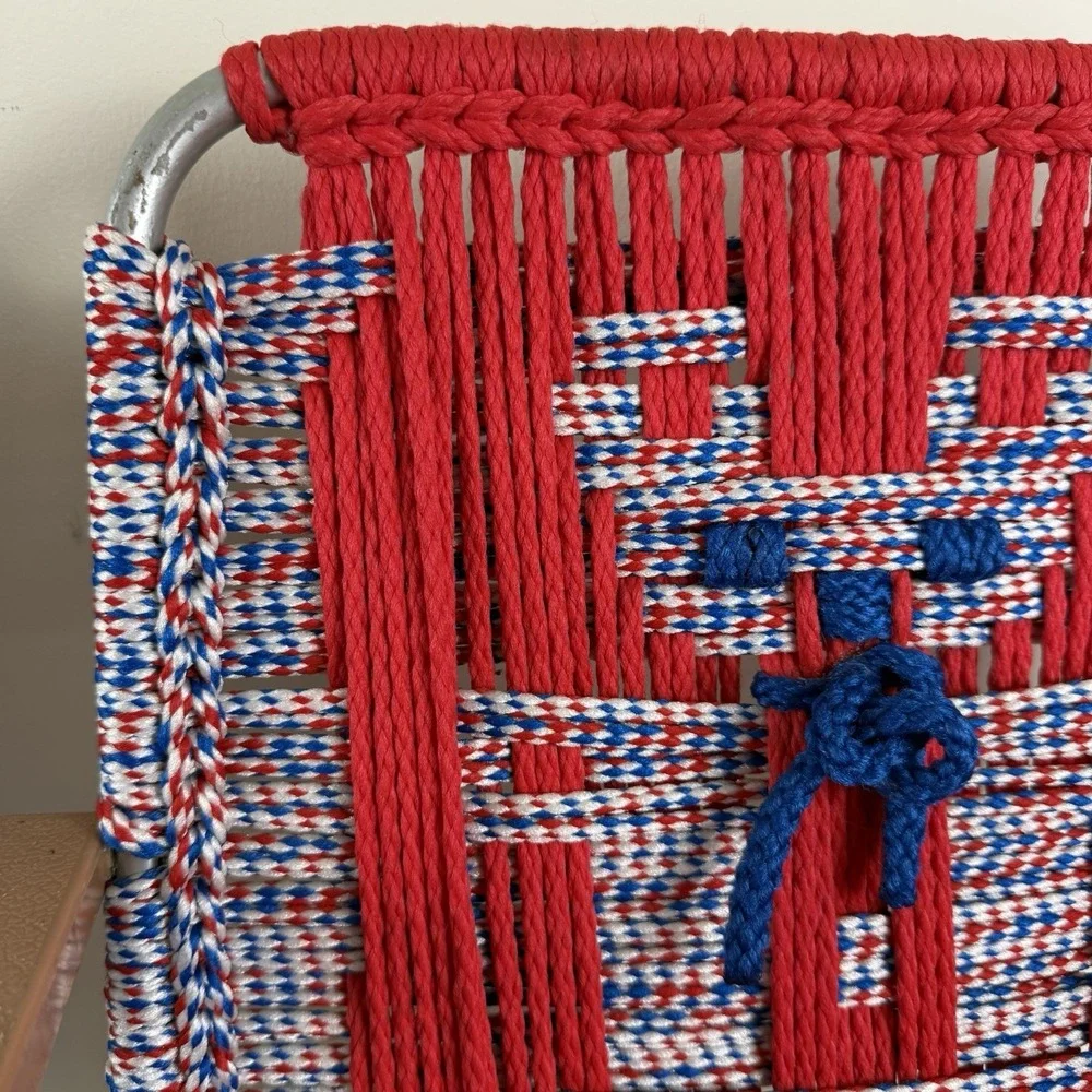 Vtg Set 2 Aluminum Folding Lawn Chair Child Sz Macrame Weave Woven Chair Match